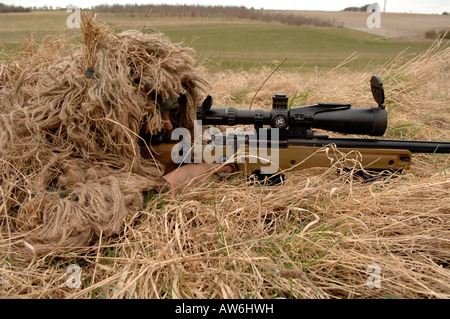 Fantassin britannique avec un fusil de précision longue portée G115A3 qui a une capacité de tuer plus d'un mille. Banque D'Images