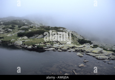 Valjavishko couverture de brouillard dans le lac du parc national de Pirin Bulgarie Banque D'Images
