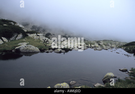 Valjavishko couverture de brouillard dans le lac du parc national de Pirin Bulgarie Banque D'Images