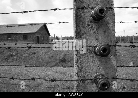 Du fil de fer barbelé clôture électrifiée au l'ancien camp de concentration Nazi à Auschwitz Birkenau, Oswiecim, Pologne. Banque D'Images