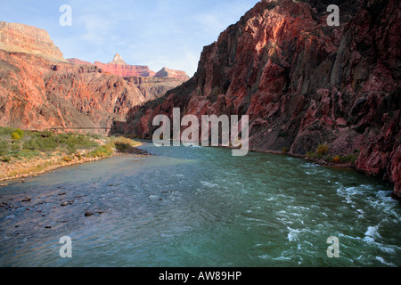 COLORADO RIVER VU DU PONT D'ARGENT PRÈS DE RIVER TRAIL ET BRIGHT ANGEL TRAIL AVEC PONT NOIR VU DANS UNE DISTANCE EN GRA Banque D'Images