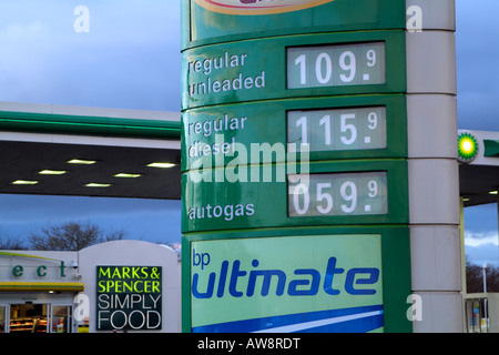 Le prix du carburant à la station BP Banque D'Images