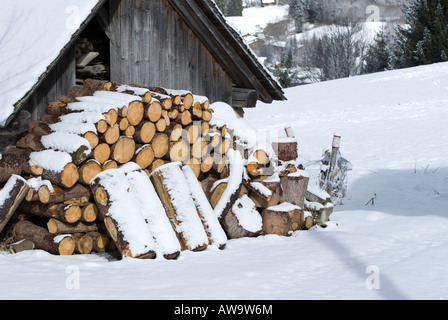 Pile de bois de chauffage, à l'extérieur grange, Chatel, France Banque D'Images