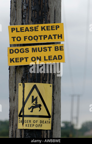 Signes sur un poste d'électricité de dire s'il vous plaît garder à l'sentier pour les chiens doivent être tenus en laisse et garder hors de danger de mort Banque D'Images