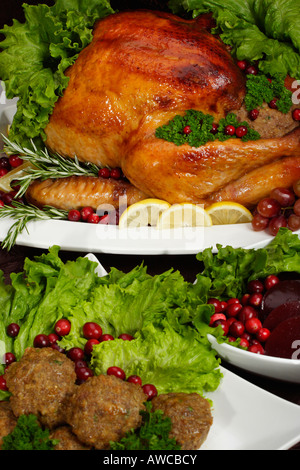 Le rôti farci dinde entière avec des légumes sur une assiette dîner de Noël photos images photos très haute résolution verticale aux États-Unis haute résolution US haute résolution Banque D'Images