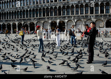 Les touristes et les pigeons de la Place Saint Marc ou la Piazza San Marco à Venise, Vénétie, Italie, Europe Banque D'Images