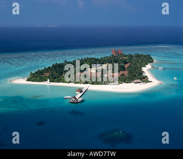 Laguna, Velassaru, photographie aérienne, South Male Atoll, Maldives, océan Indien Banque D'Images