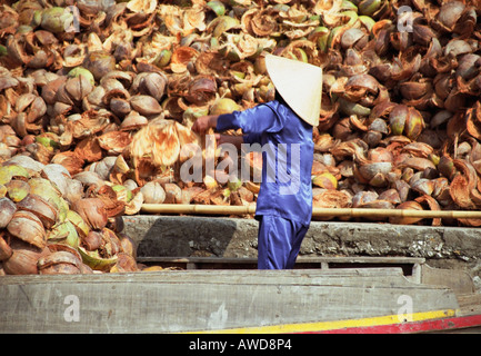 Woman Throwing les écorces de noix de coco à l'Écart Banque D'Images