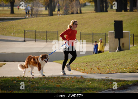 Les femmes promènent leurs chiens sur Chicago's waterfront. Banque D'Images