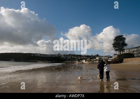 Couple promènent leurs chiens sur la plage de sable de Saundersfoot Pembrokeshire Wales Banque D'Images