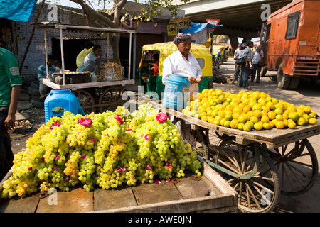 En exposant les Indiens de la rue du marché de la vente des oranges et les raisins des chariots à Agra Uttar Pradesh dans le Nord de l'Inde Asie Banque D'Images