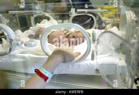 Quatre semaine bébé prématuré garçon dans un incubateur dans un hôpital Banque D'Images