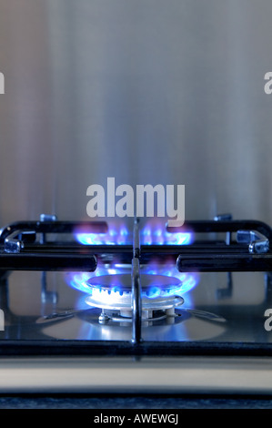 Deux plaques à gaz allumée sur une plaque de cuisson en acier brossé Banque D'Images