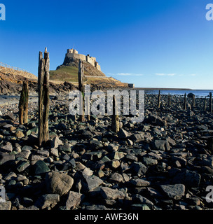 Vue sur Château de Lindisfarne de la plage sur l'Île Sainte, Northumberland, England Banque D'Images