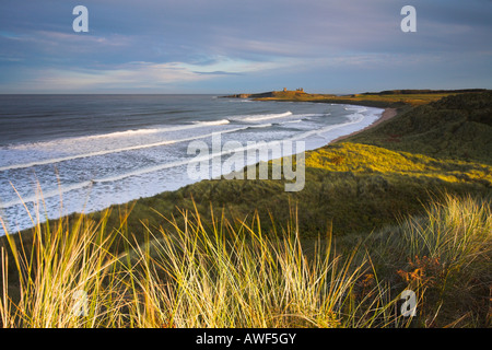 La lumière du soleil sur les dunes de sable de avec le château de Dunstanburgh en arrière-plan, Northumberland Banque D'Images