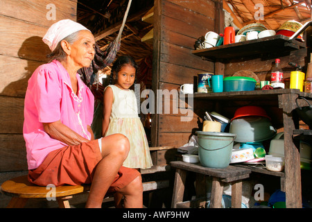 Grand-mère avec ses petits-enfants dans la cuisine, amérindiens de la tribu Arawak, Santa Mission, Guyana, en Amérique du Sud Banque D'Images