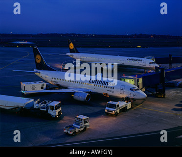 Les avions de Lufthansa d'être chargées dans la nuit, l'Aéroport International de Francfort, Francfort, Hesse, Germany, Europe Banque D'Images