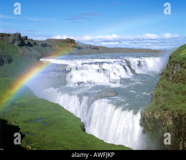 Arc-en-ciel sur la cascade de Gullfoss, Hvítá-Fluss Haukadalur, le sud de l'Islande, Islande, Banque D'Images