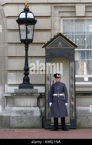 Image emblématique de la garde du palais de Buckingham sur une tour de garde en face de l'extérieur de la cabane de la garde royal palace Londres Angleterre France UE Banque D'Images