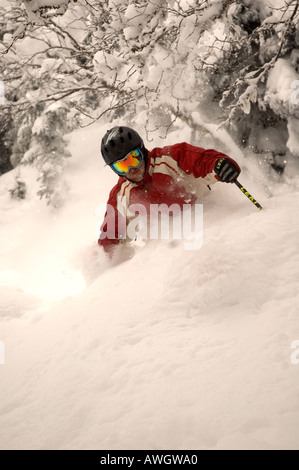 John Egan skieur souffle la neige comme il aime la poudre à Sugarbuh Mt du complexe. Ellen dans Fayston, Vermont. Banque D'Images