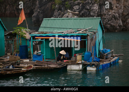 Une petite cabane flottante se trouve au-dessus de la baie d'HALONG VIETNAM Banque D'Images