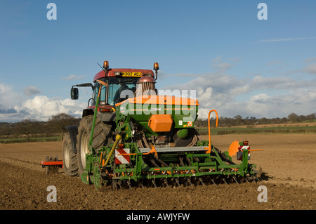 La plantation d'agriculteur haricots avec un semoir pneumatique monté sur un tracteur Maxxum Case équipé de disques montés à l'avant Banque D'Images