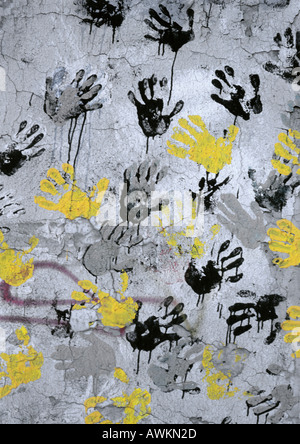 Jaune, noir, gris hand print on wall Banque D'Images