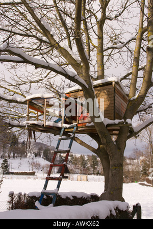 Big Tree House Construit en et détenues par les grandes branches même avec véranda et étapes couvertes de neige en hiver La Suisse Banque D'Images