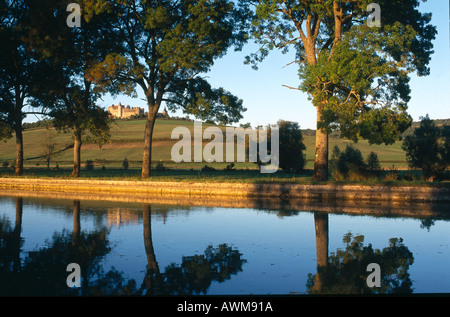 Reflet des arbres dans l'eau du canal, Chateauneuf-en-Auxois, Canal de Bourgogne, France Banque D'Images