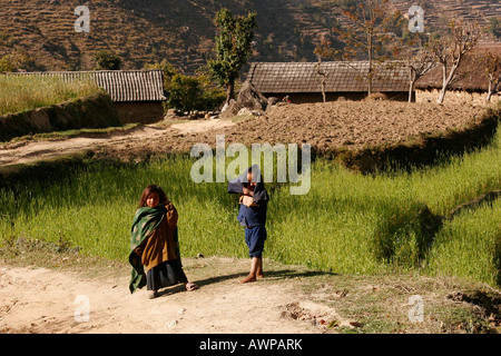 Les enfants dans la campagne montagneuse entourant Nagarkot, Népal, Asie Banque D'Images