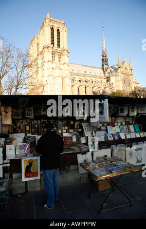 Antiquaires vendant des livres le long de la Seine près de l'église Notre-Dame de Paris, France, Europe Banque D'Images