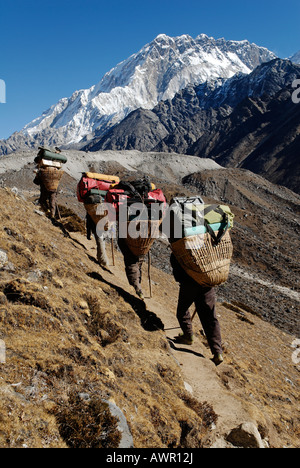 Trekking sur le glacier de Khumbu porter avec Nuptse (7861), Khumbu Himal, parc national de Sagarmatha (Népal) Banque D'Images