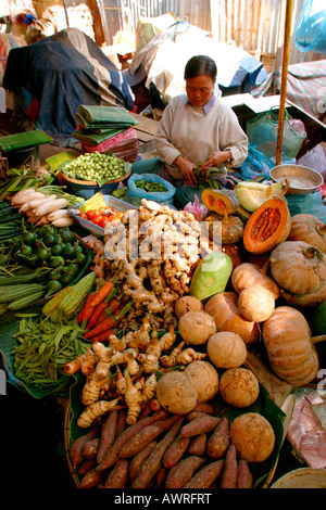 Laos Vientiane Talat Sao matin kiosque de légumes du marché Banque D'Images