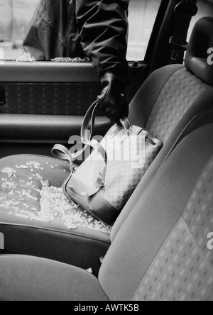 Sac de vol voleur voiture, close-up, b&w Banque D'Images