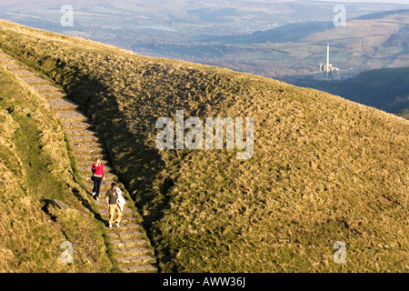 Un couple descendre de Mam Tor près de Castleton, avec cercle bleu factory dans l'arrière-plan Parc national de Peak District, Derbyshire Banque D'Images