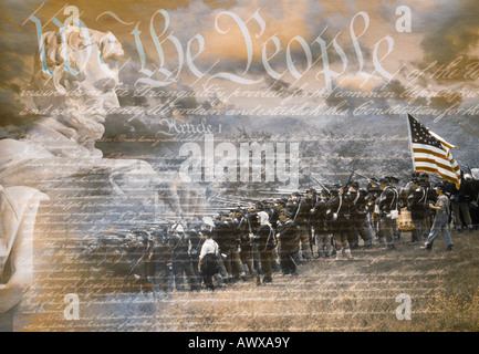 Image composite du Lincoln Memorial et de la guerre civile des soldats en plein combat avec Constitution des États-Unis Banque D'Images