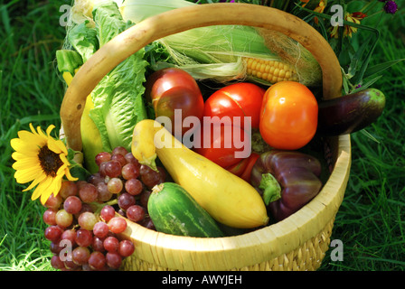 Panier en osier rempli de fruits légumes et fleurs frais du jardin Banque D'Images