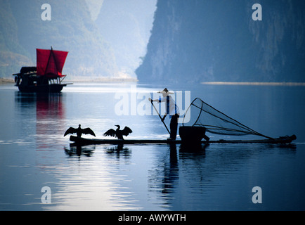 Cormoran pêcheur chinois sur radeau en bambou et indésirable avec voile rouge sur la rivière Li à Guilin Xingping près de domaine de la Chine Banque D'Images