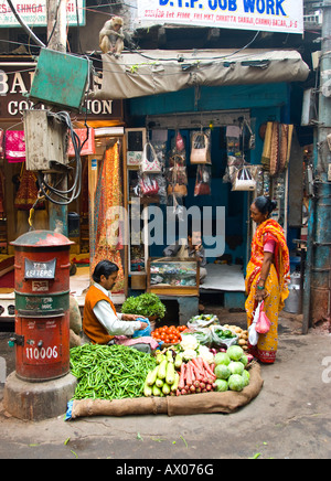 Un street market stall la vente de fruits et légumes frais de Chandni Chowk Delhi Inde Banque D'Images