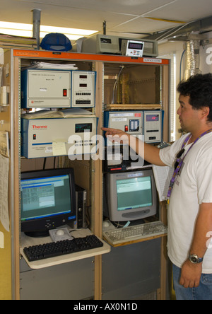 Technicien d'équipement à la NOAA Earth System Research Laboratory Division suivi mondial sur Big Island Hawaii Banque D'Images