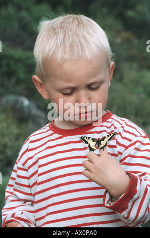 Papilio machaon), assis sur la main d'un garçon de deux ans Banque D'Images