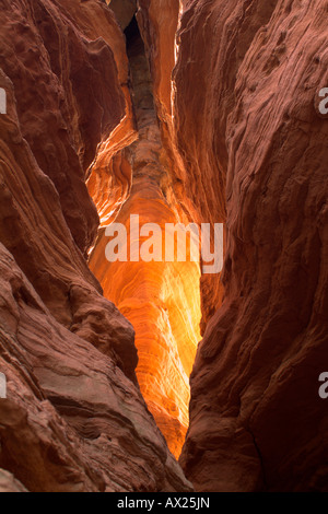 Rocks allumé par derrière par le soleil couchant, photographié par une crevasse, Altschlossfelsen rock formations, Pfaelzer Wald (Pal Banque D'Images