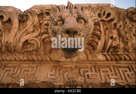 Tête de Lion et d'autres décors sur linteau sculpté dans les anciennes ruines romaines de Baalbeck dans la vallée du Liban un Baka Banque D'Images