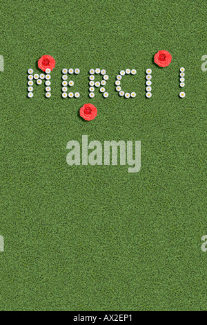 Merci merci merci en langue française de l'écrit avec des fleurs Banque D'Images