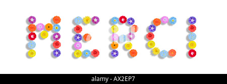 Merci merci merci en langue française de l'écrit avec des fleurs Banque D'Images