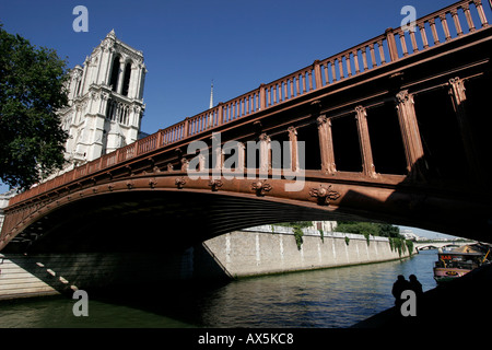 Bridge Pont au Double de Seine avec la cathédrale Notre-Dame en arrière-plan, Paris, France Banque D'Images