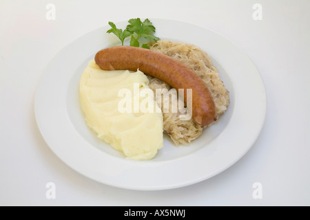 Mettwurst saucisses, choucroute et purée de pommes de terre Banque D'Images