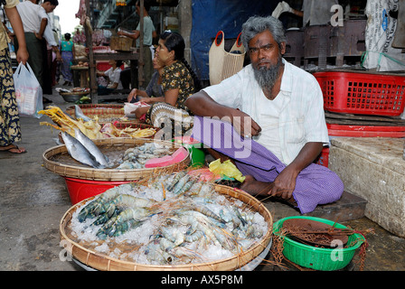 Vendeur de poisson assis derrière des paniers remplis de crabes de Yangon (Rangoon), le Myanmar (Birmanie), en Asie du sud-est Banque D'Images
