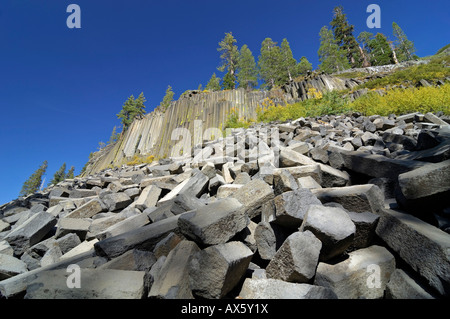 Broken-pièces uniques de colonnes de basalte à Mammoth Lake, Devil's Postpile National Monument, California, USA Banque D'Images