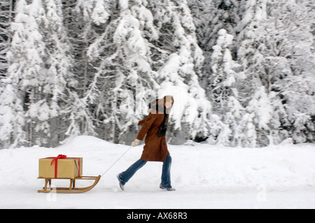 Young woman pulling sled with Christmas Gift, smiling, portrait Banque D'Images